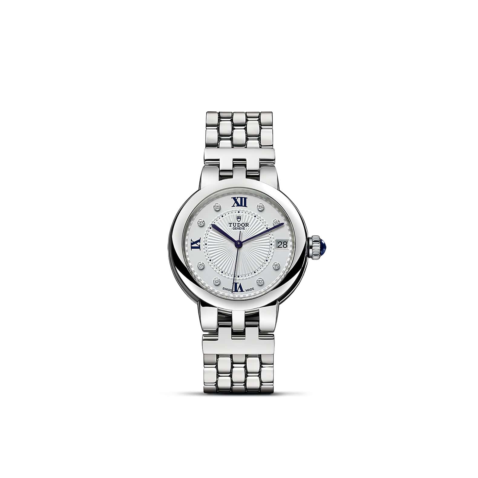 Tudor Clair de Rose mit 34 Millimeter Gehäuse und Band aus Edelstahl, Diamantindizes und silbernem Zifferblatt
