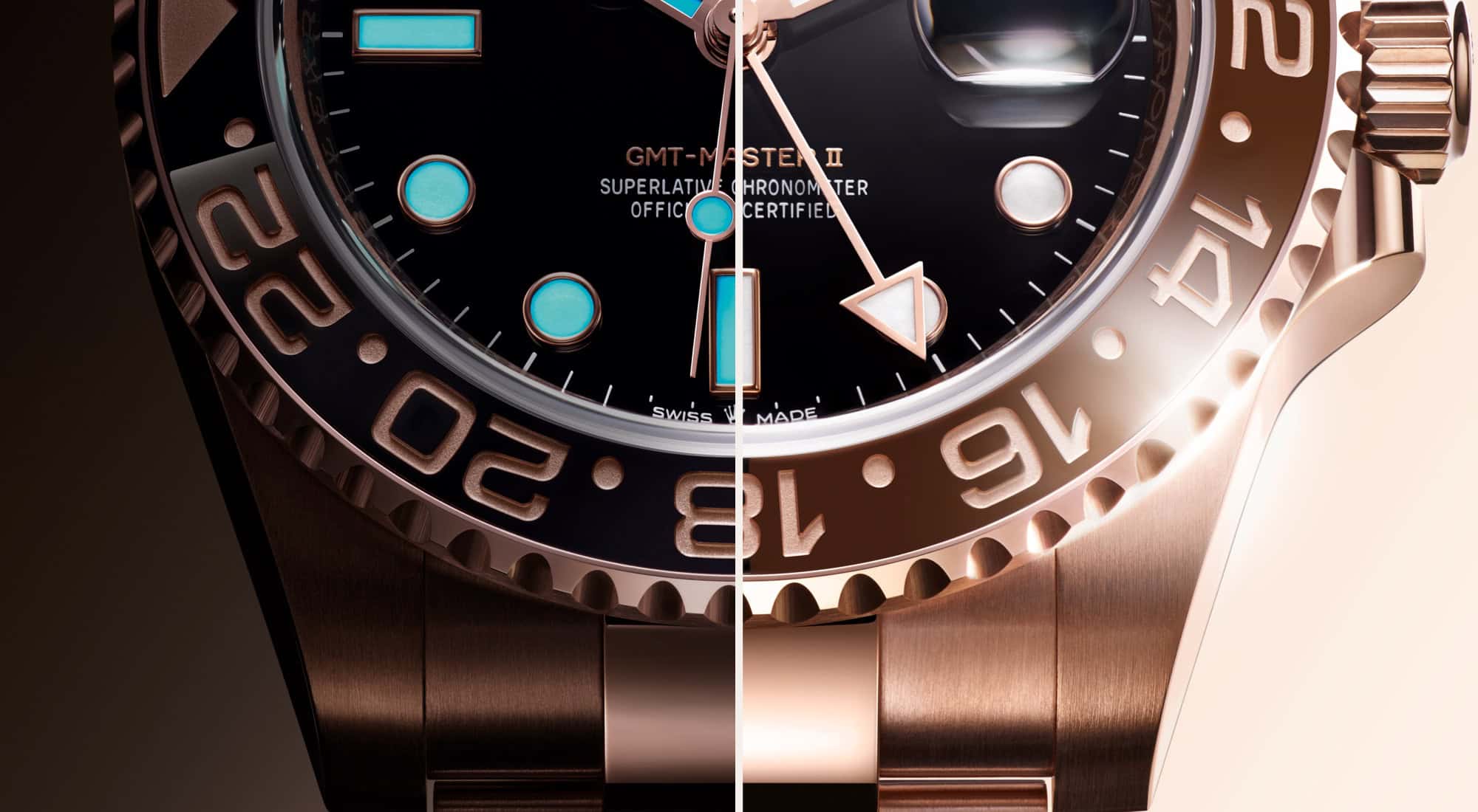 Die 24-Stunden-Lünette der Rolex Oyster Perpetual GMT-Master 2 in Everose-Gold