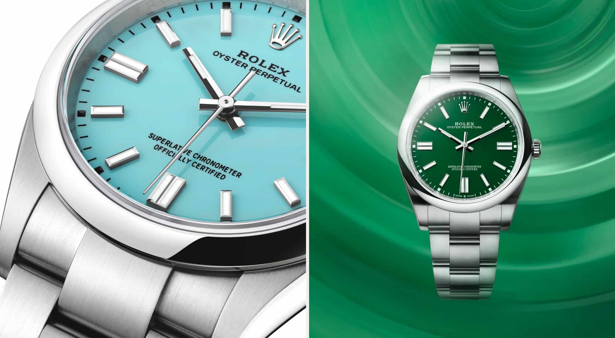 Die Rolex Oyster Perpertual mit türkisem und grünem Zifferblatt bei Juwelier S.M.Wild