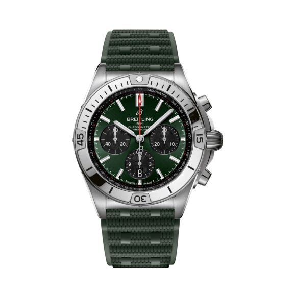 Breitling Chronomat B01 42 mit Edelstahlgehäuse und Kautschukband und grünem Zifferblatt
