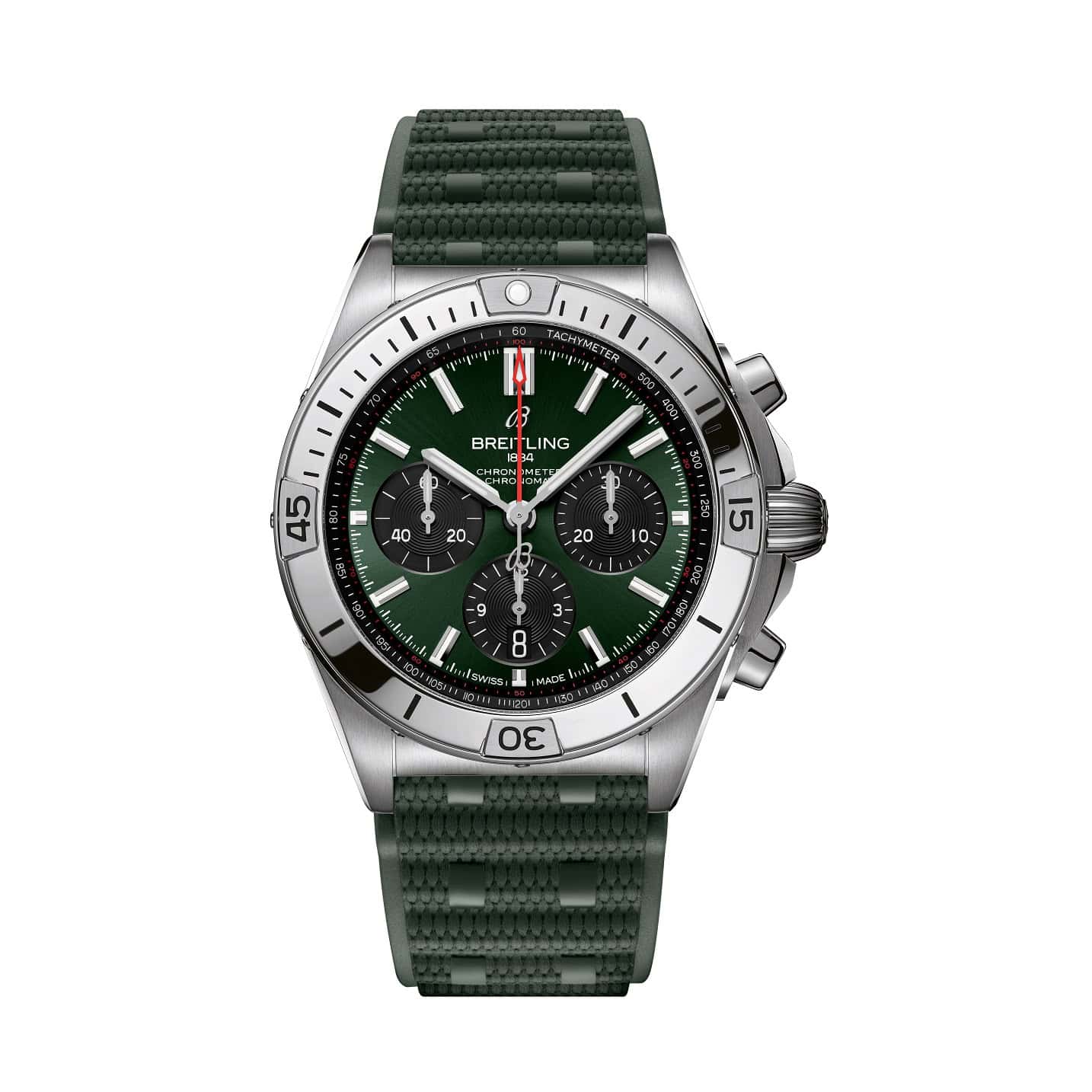 Breitling Chronomat B01 42 mit Edelstahlgehäuse und Kautschukband und grünem Zifferblatt