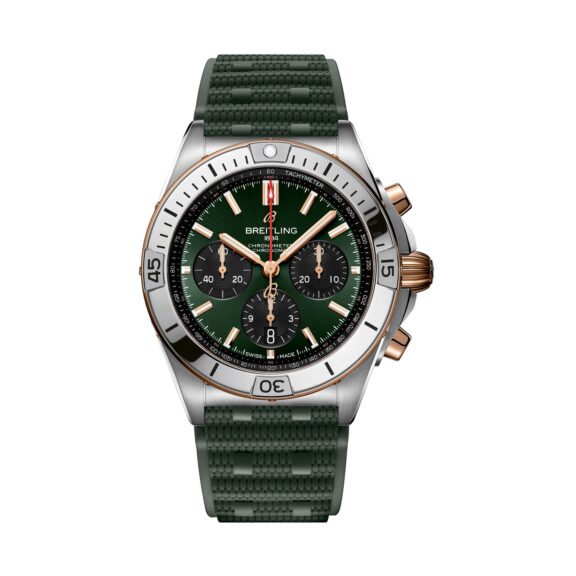 Breitling Chronomat B01 42 mit Gehäuse aus Edelstahl und Rotgold und Kautschukband sowie grünem Zifferblatt