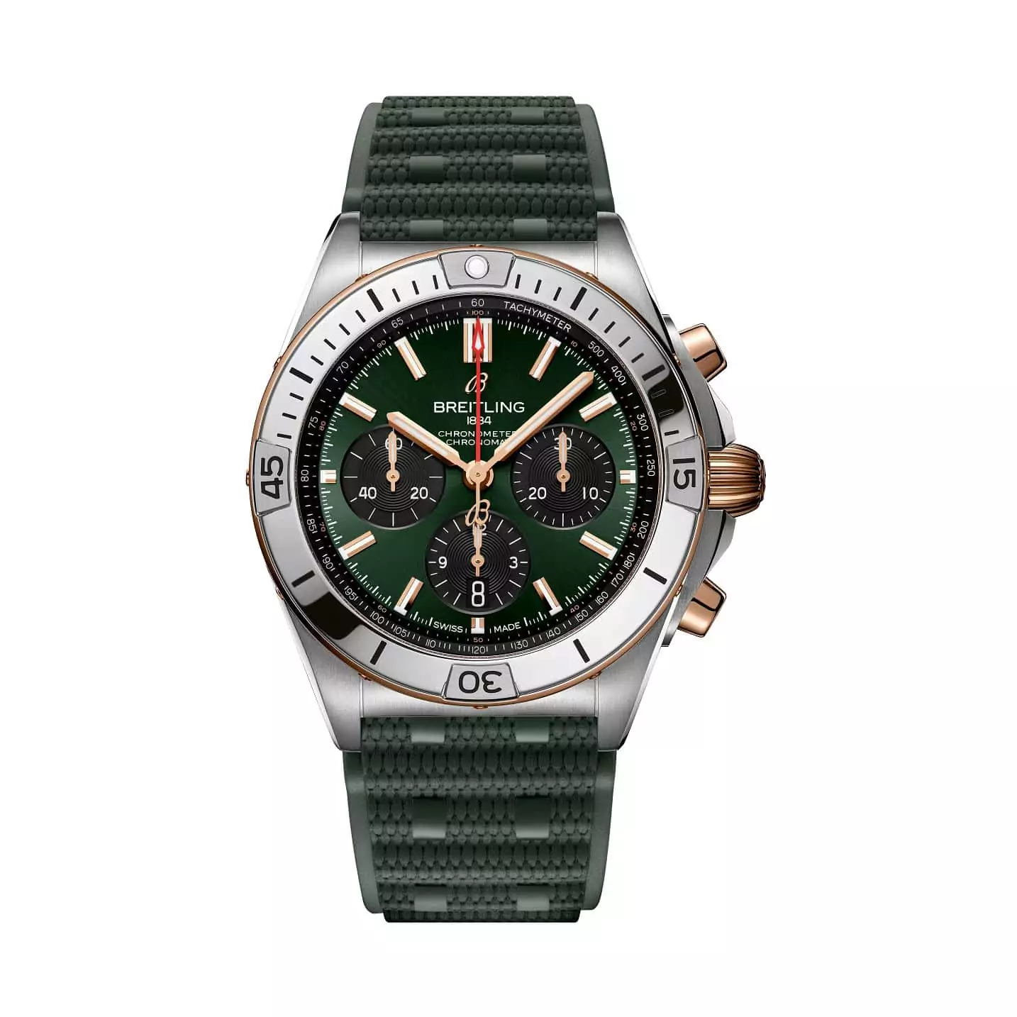 Breitling Chronomat B01 42 mit Gehäuse aus Edelstahl und Rotgold und Kautschukband sowie grünem Zifferblatt