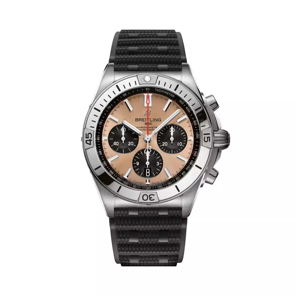 Breitling Chronomat B01 42 mit Edelstahlgehäuse und Kautschukband und kupferfarbenem Zifferblatt