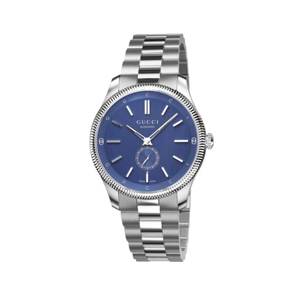 Gucci G-Timeless Uhr mit Gehäuse und Band aus Edelstahl mit blauem Zifferblatt