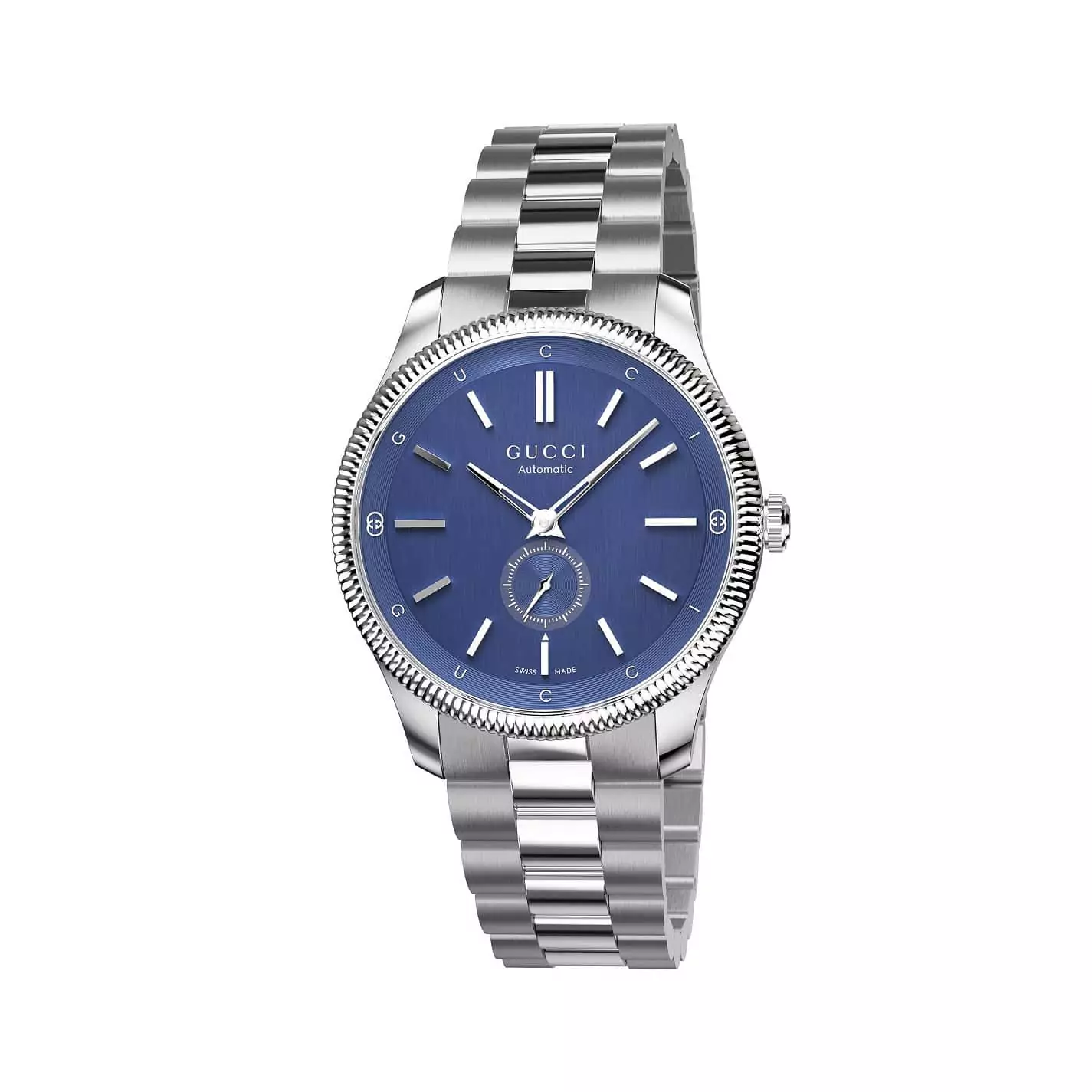 Gucci G-Timeless Uhr mit Gehäuse und Band aus Edelstahl mit blauem Zifferblatt