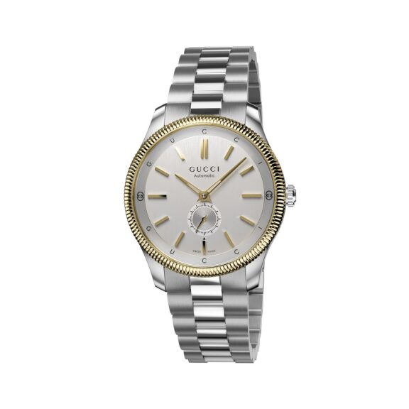 Gucci G-Timeless Uhr mit Gehäuse und Band aus Edelstahl und vergoldetem Edelstahl mit silbernem Zifferblatt