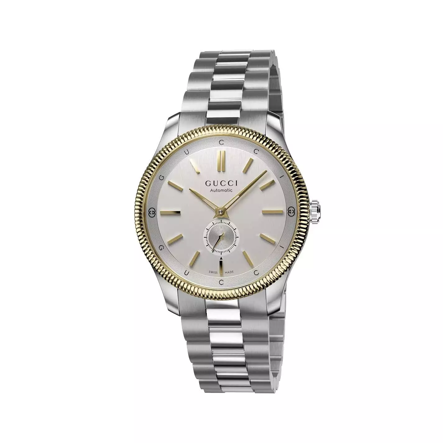 Gucci G-Timeless Uhr mit Gehäuse und Band aus Edelstahl und vergoldetem Edelstahl mit silbernem Zifferblatt