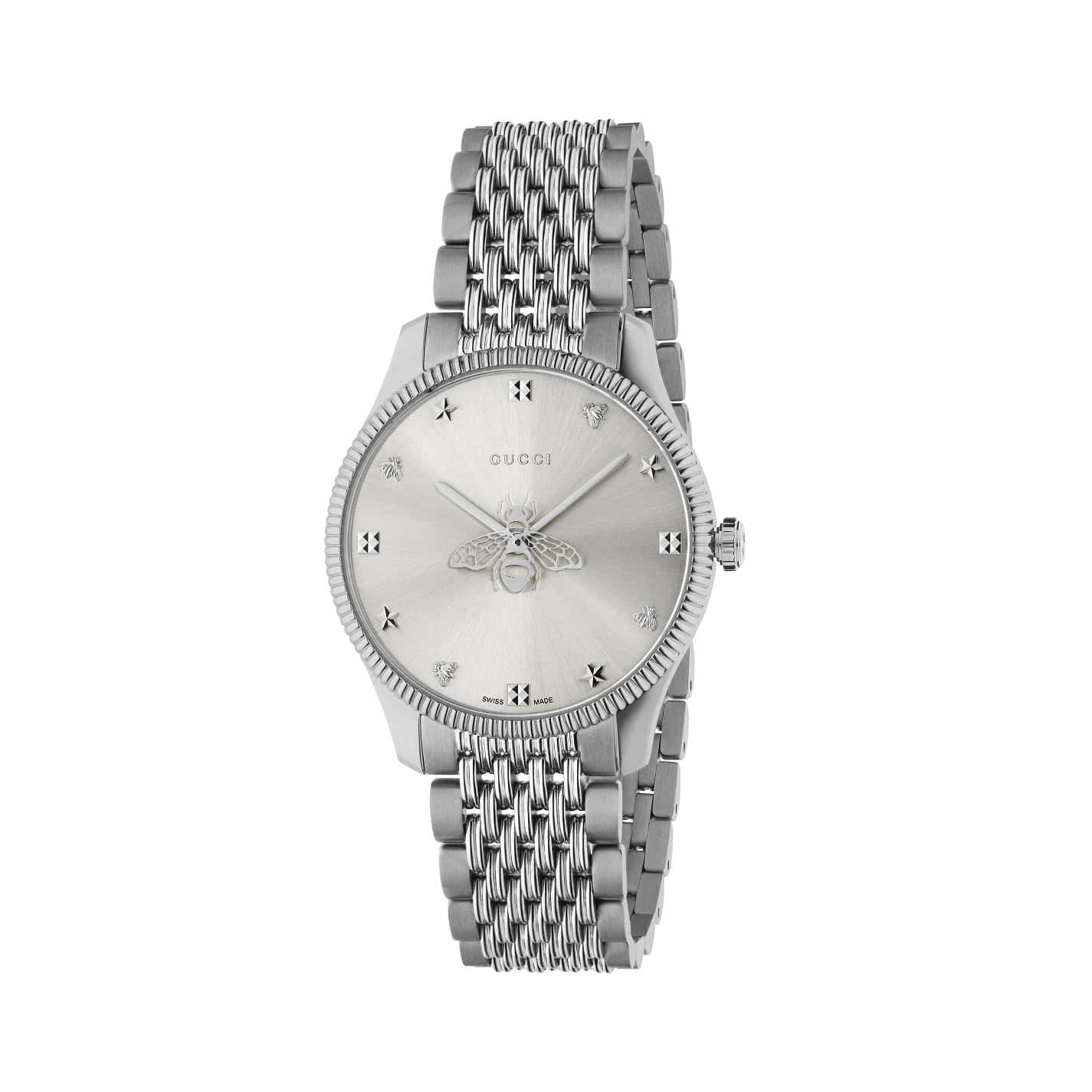 Gucci G-Timeless Uhr mit Gehäuse und Band aus Edelstahl mit silberfarbenem Zifferblatt