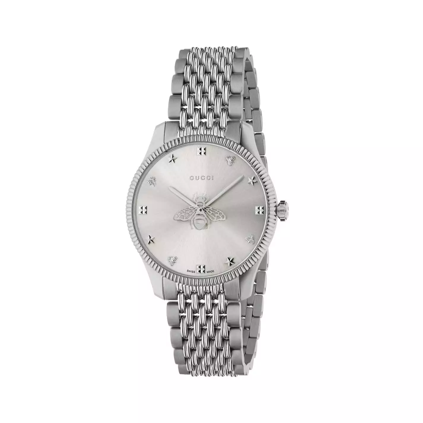 Gucci G-Timeless Uhr mit Gehäuse und Band aus Edelstahl mit silberfarbenem Zifferblatt