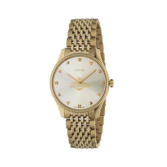 Gucci G-Timeless Uhr mit PVD-beschichtetem Edelstahlgehäuse und Edelstahlband mit silberfarbenem Zifferblatt