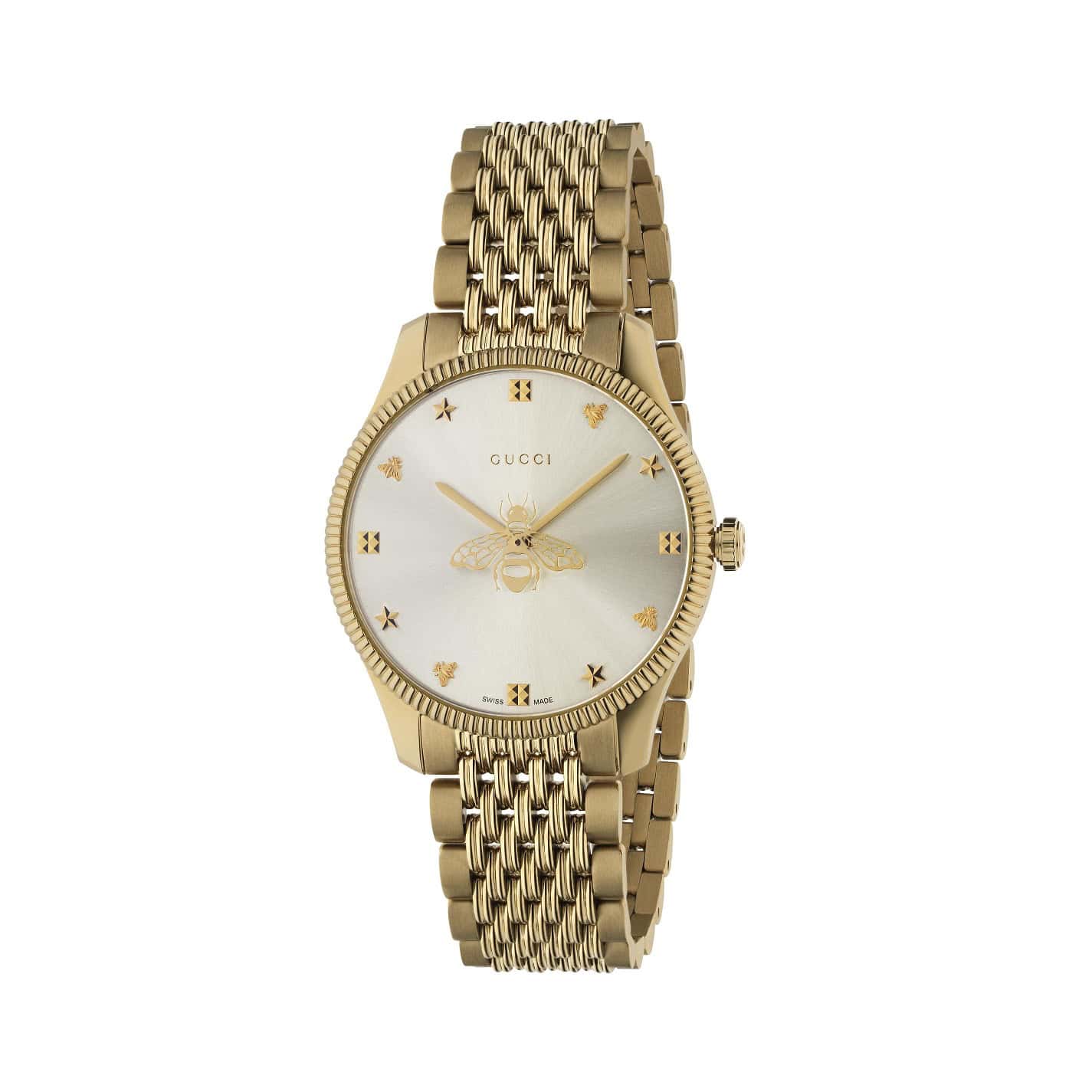 Gucci G-Timeless Uhr mit PVD-beschichtetem Edelstahlgehäuse und Edelstahlband mit silberfarbenem Zifferblatt
