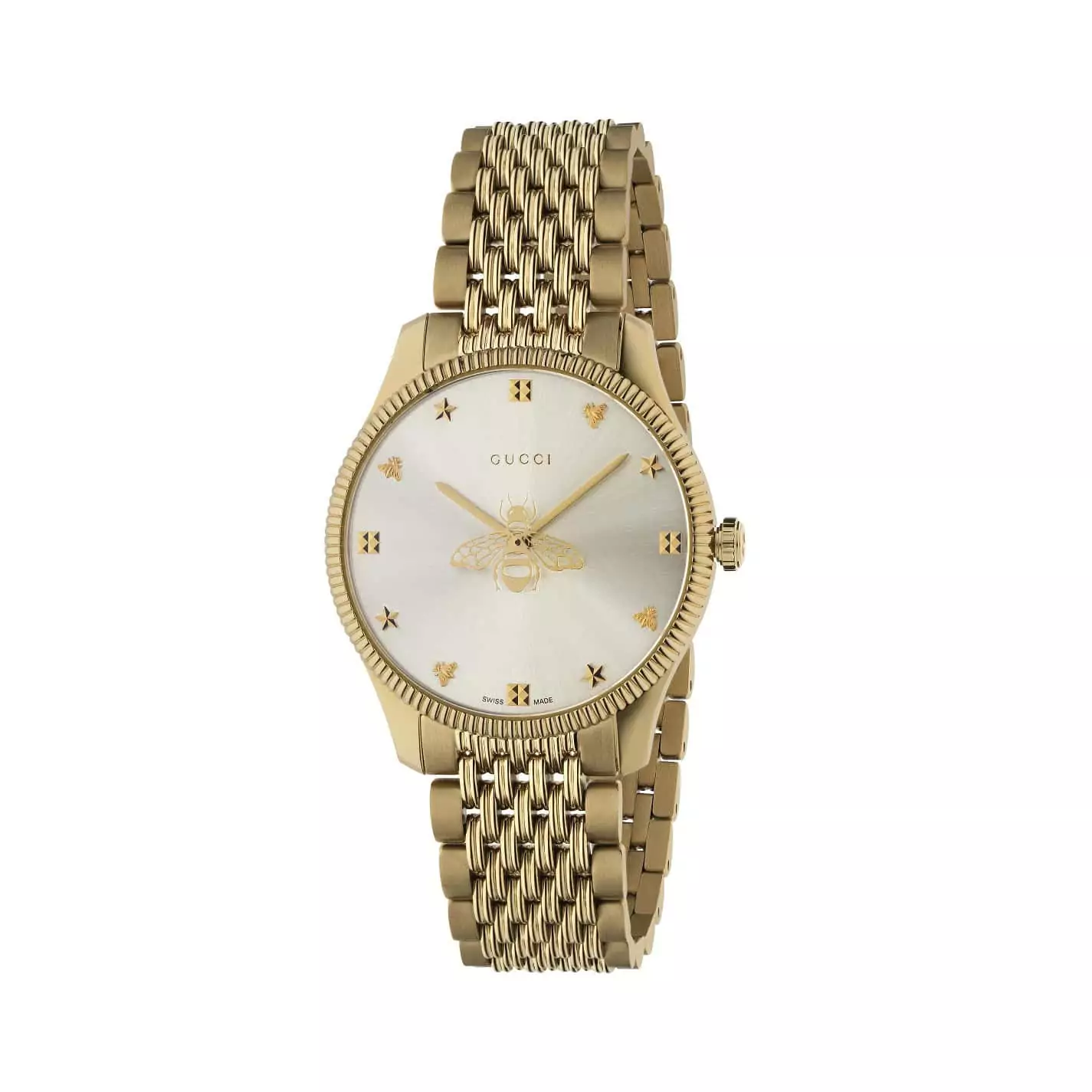 Gucci G-Timeless Uhr mit PVD-beschichtetem Edelstahlgehäuse und Edelstahlband mit silberfarbenem Zifferblatt