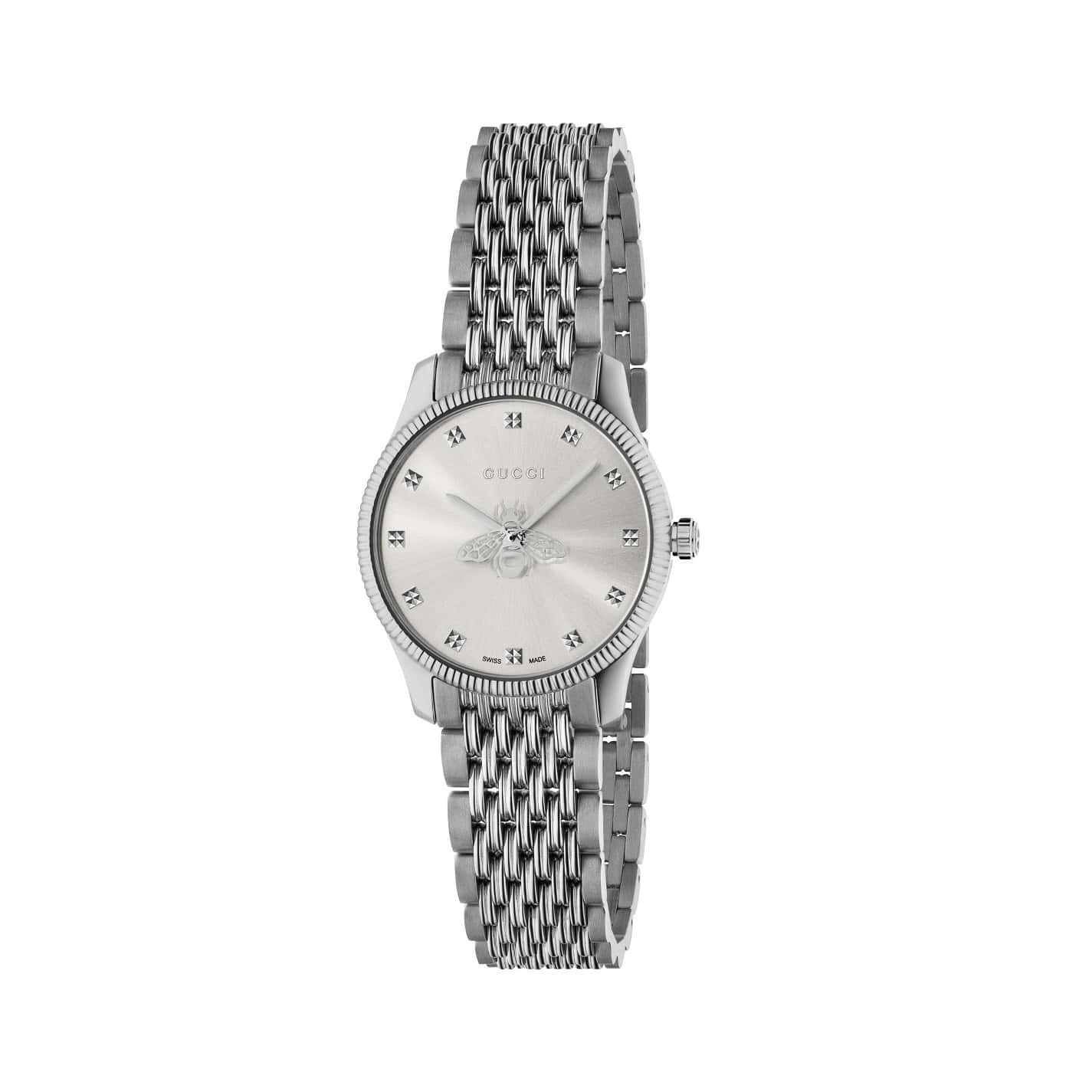 Gucci G-Timeless Uhr mit Gehäuse und Band aus Edelstahl mit silberfarbenem Zifferblatt
