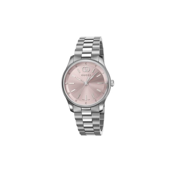 Gucci G-Timeless Uhr mit Gehäuse und Band aus Edelstahl mit rosa Zifferblatt