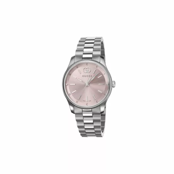 Gucci G-Timeless Uhr mit Gehäuse und Band aus Edelstahl mit rosa Zifferblatt