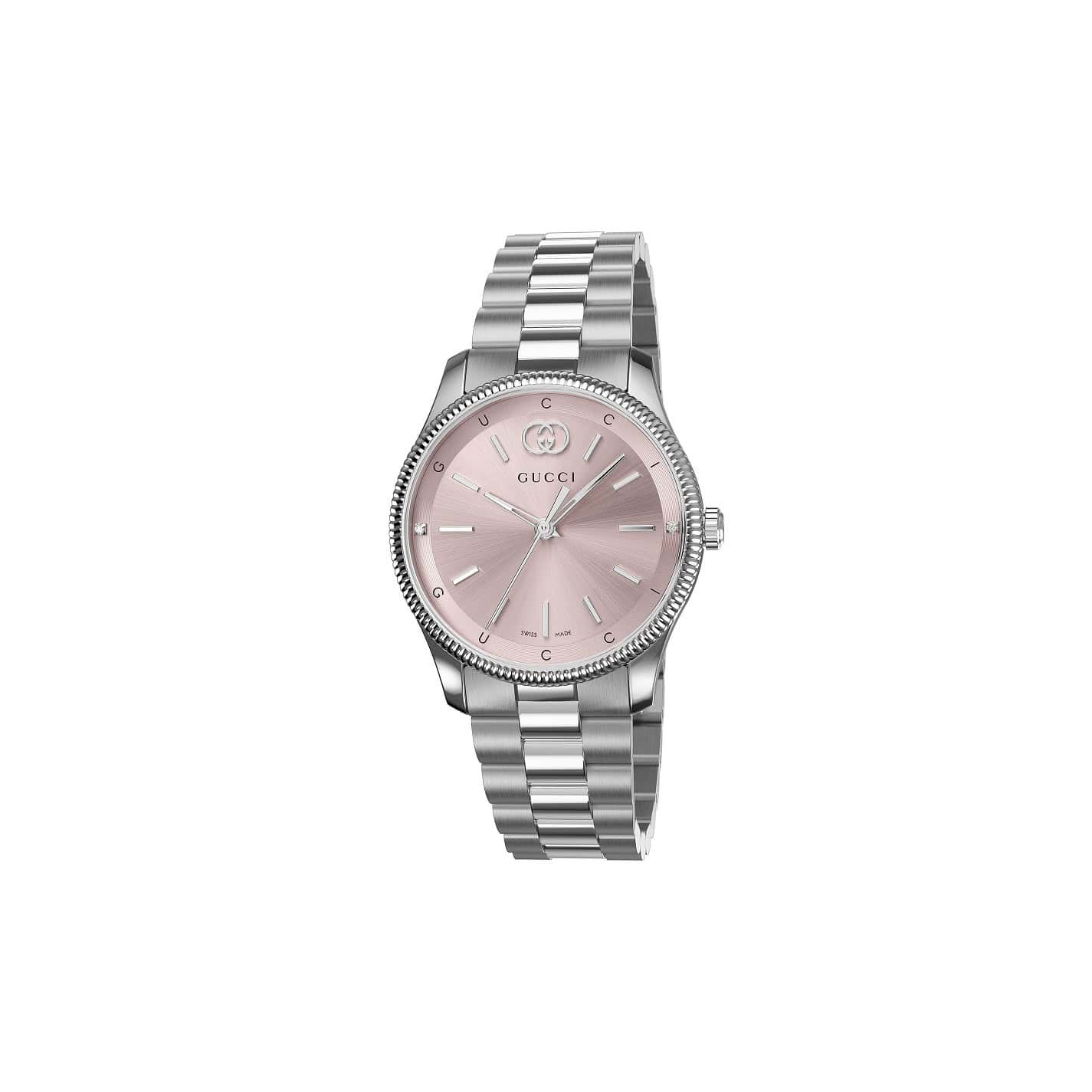 Gucci G-Timeless Uhr mit Gehäuse und Band aus Edelstahl mit rosa Zifferblatt