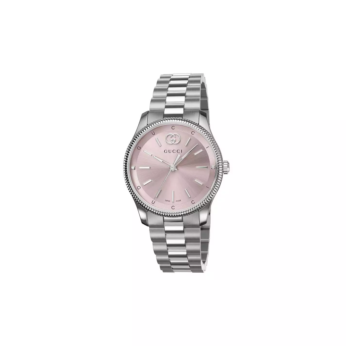Gucci G-Timeless Uhr mit Gehäuse und Band aus Edelstahl mit rosa Zifferblatt