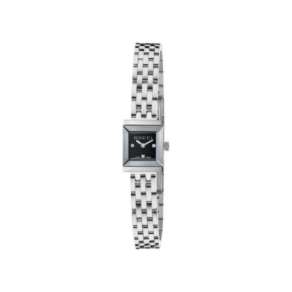 Gucci G-Frame Uhr mit Gehäuse und Band aus Edelstahl mit schwarzem Zifferblatt