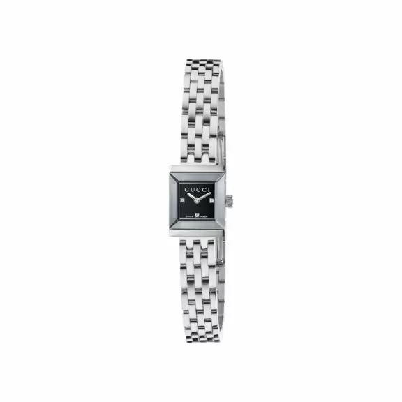 Gucci G-Frame Uhr mit Gehäuse und Band aus Edelstahl mit schwarzem Zifferblatt