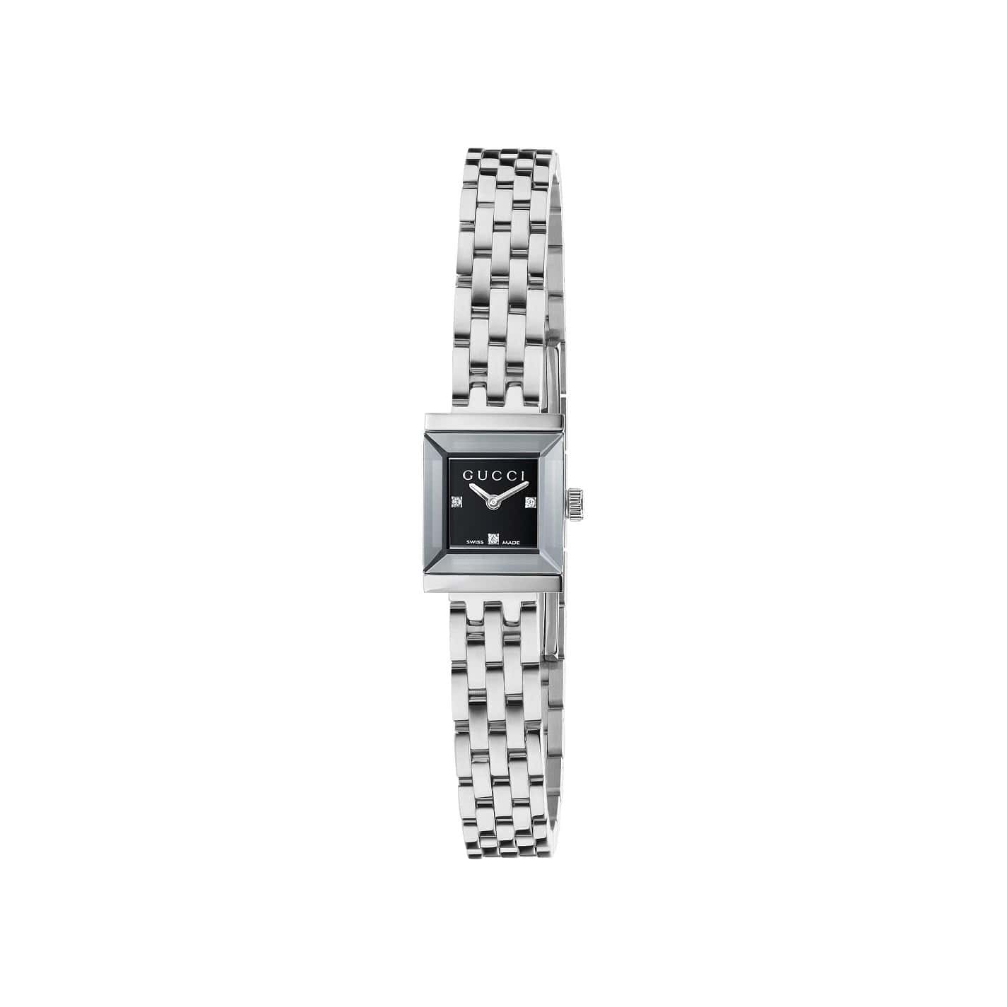 Gucci G-Frame Uhr mit Gehäuse und Band aus Edelstahl mit schwarzem Zifferblatt