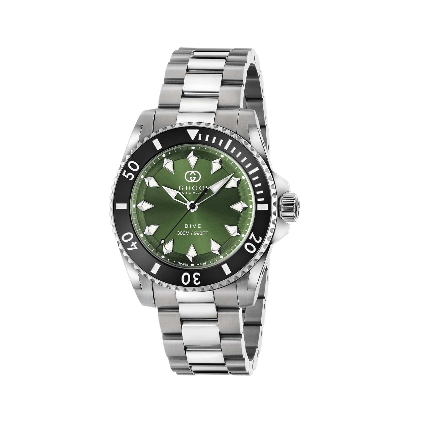 Gucci Dive Uhr mit Gehäuse und Band aus Edelstahl mit grünem Zifferblatt