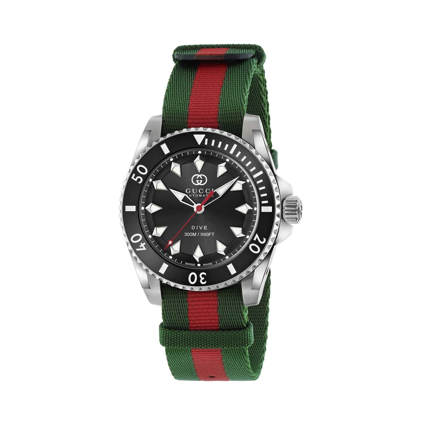 Gucci Dive Uhr mit Edelstahlgehäuse und Nylonband mit schwarzem Zifferblatt