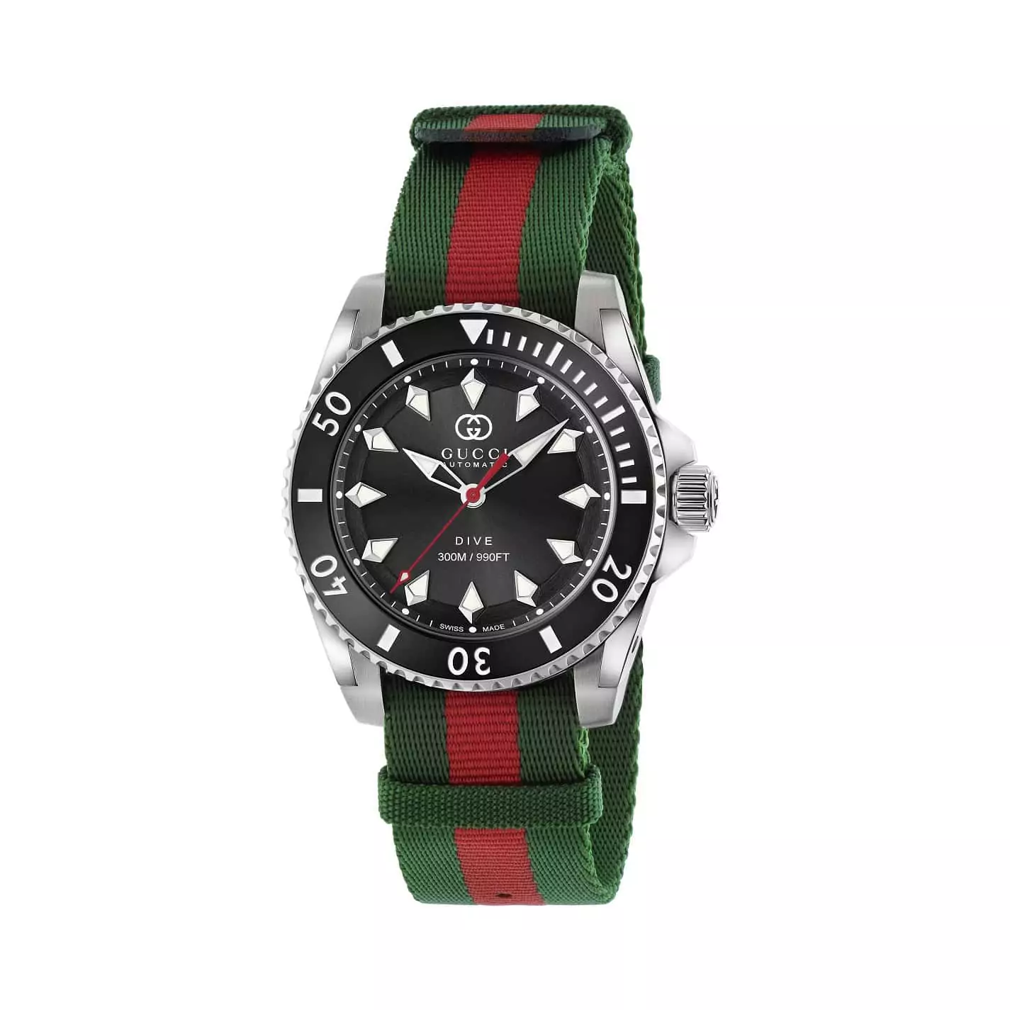 Gucci Dive Uhr mit Edelstahlgehäuse und Nylonband mit schwarzem Zifferblatt