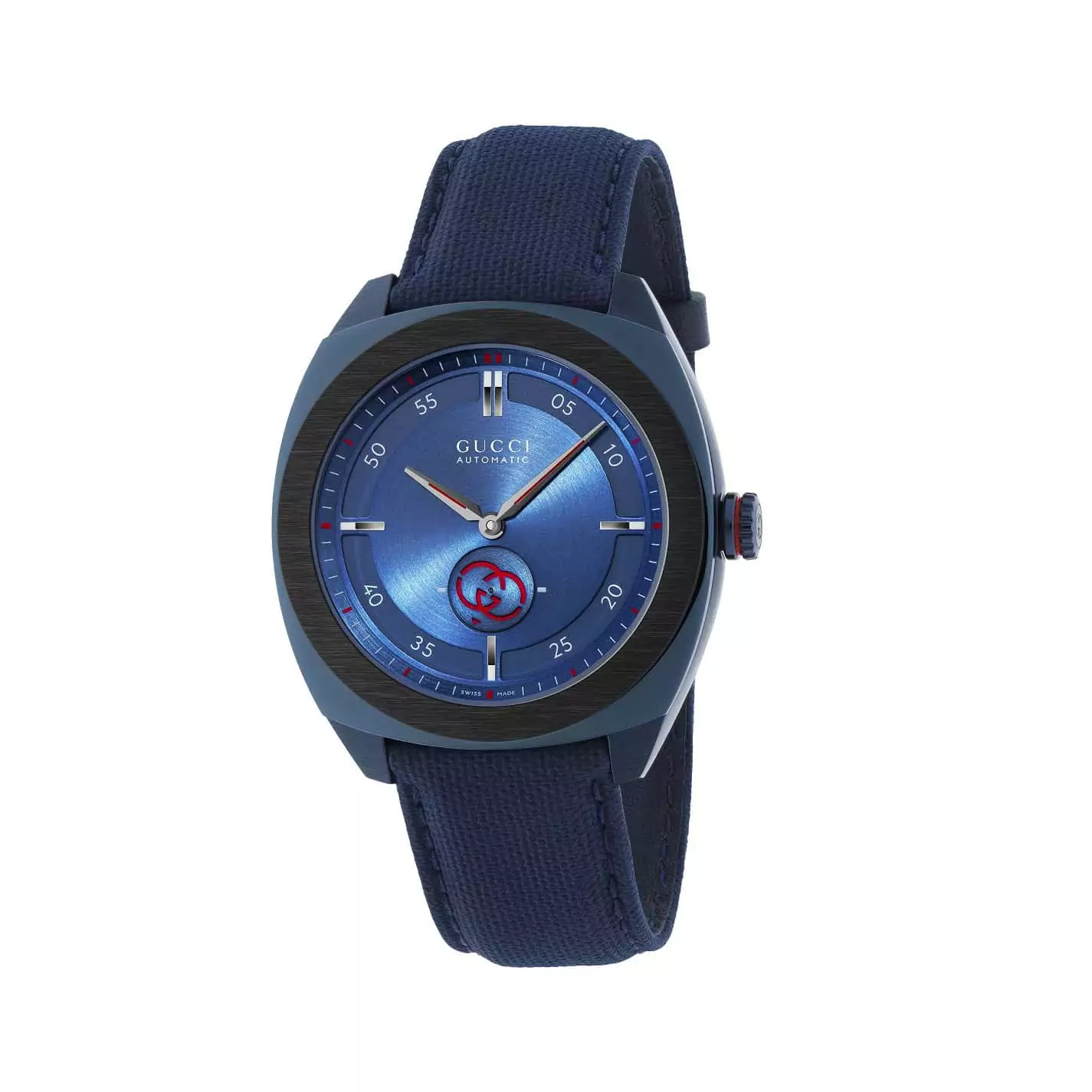 Gucci Interlocking Uhr mit PVD-beschichtetem Edelstahlgehäuse und Kautschukband mit blauem Zifferblatt