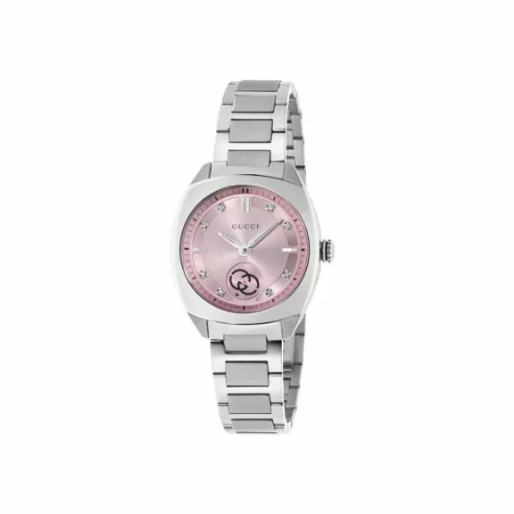 Gucci Interlocking Uhr mit Gehäuse und Band aus Edelstahl mit rosa Zifferblatt