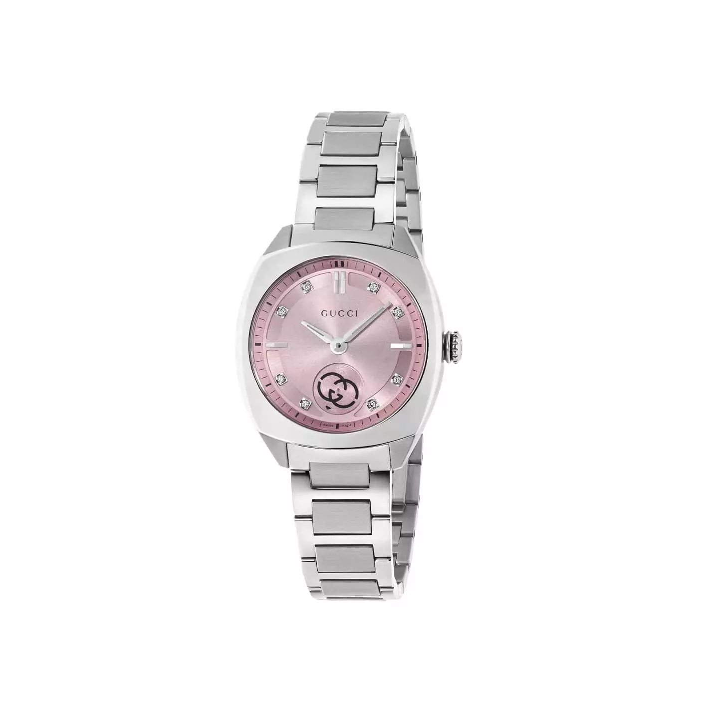 Gucci Interlocking Uhr mit Gehäuse und Band aus Edelstahl mit rosa Zifferblatt