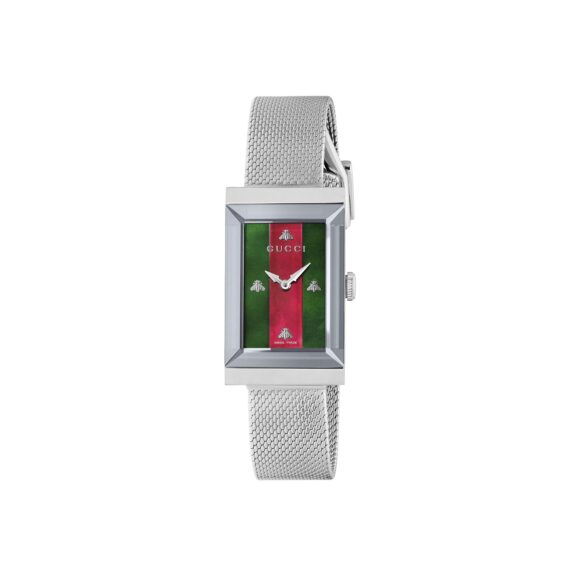 Gucci G-Frame Uhr mit Gehäuse und Band aus Edelstahl mit rot-grünem Zifferblatt