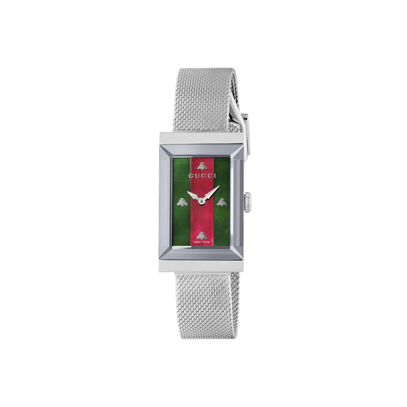 Gucci G-Frame Uhr mit Gehäuse und Band aus Edelstahl mit rot-grünem Zifferblatt