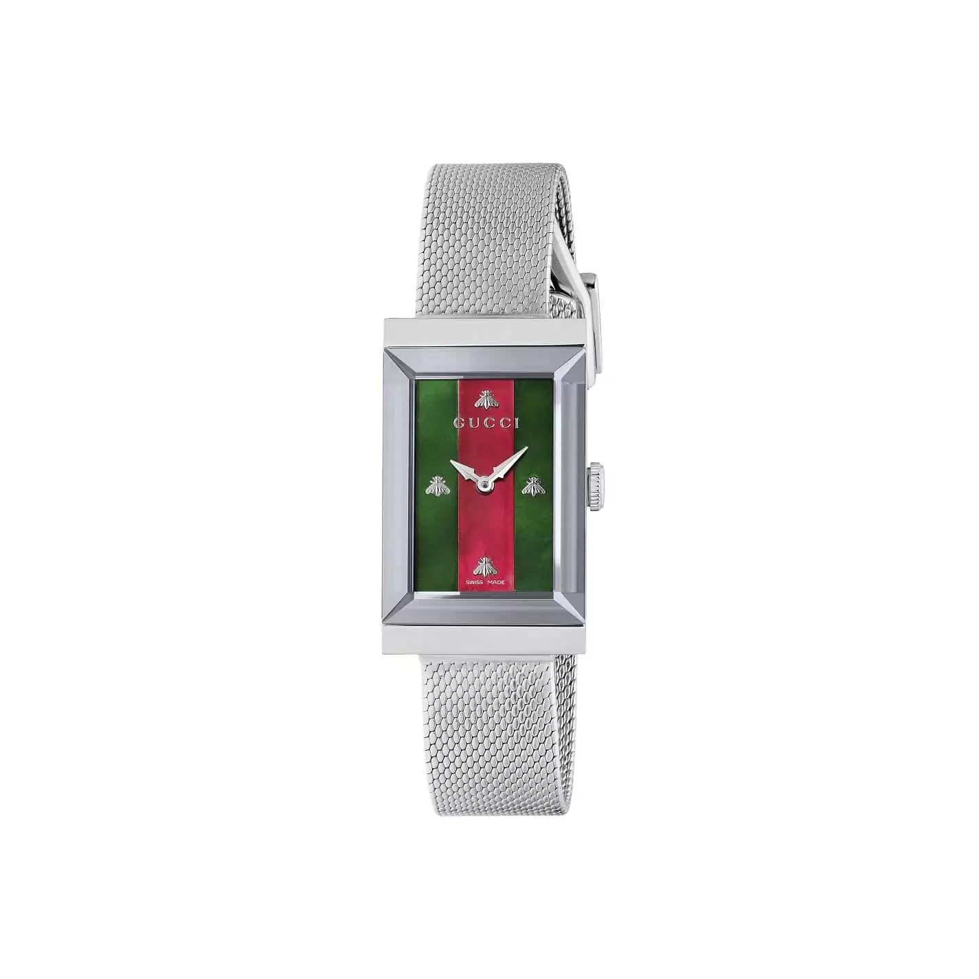 Gucci G-Frame Uhr mit Gehäuse und Band aus Edelstahl mit rot-grünem Zifferblatt