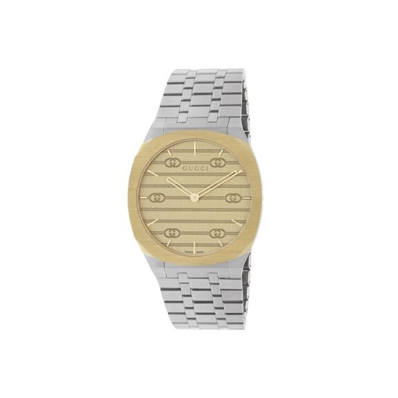 Gucci 25H Uhr mit Gehäuse und Band aus Edelstahl und vergoldetem Edelstahl mit goldenem Messing -Zifferblatt