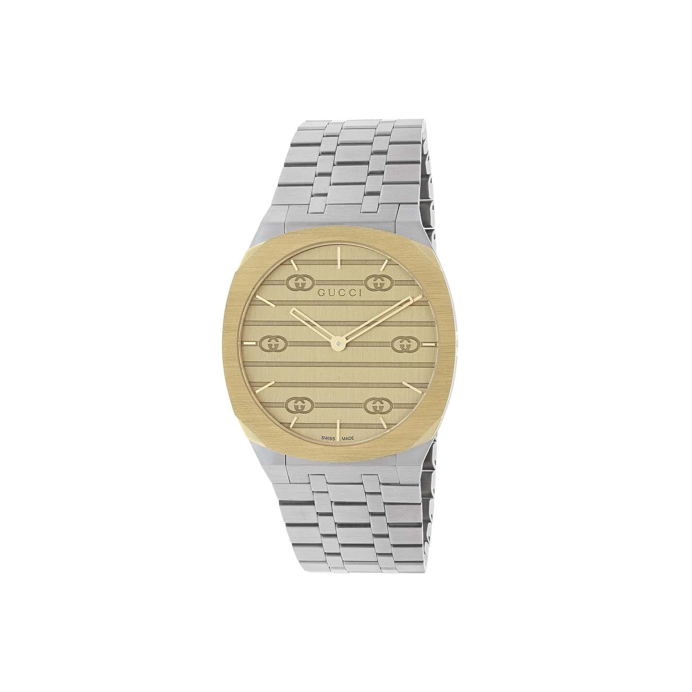Gucci 25H Uhr mit Gehäuse und Band aus Edelstahl und vergoldetem Edelstahl mit goldenem Messing -Zifferblatt