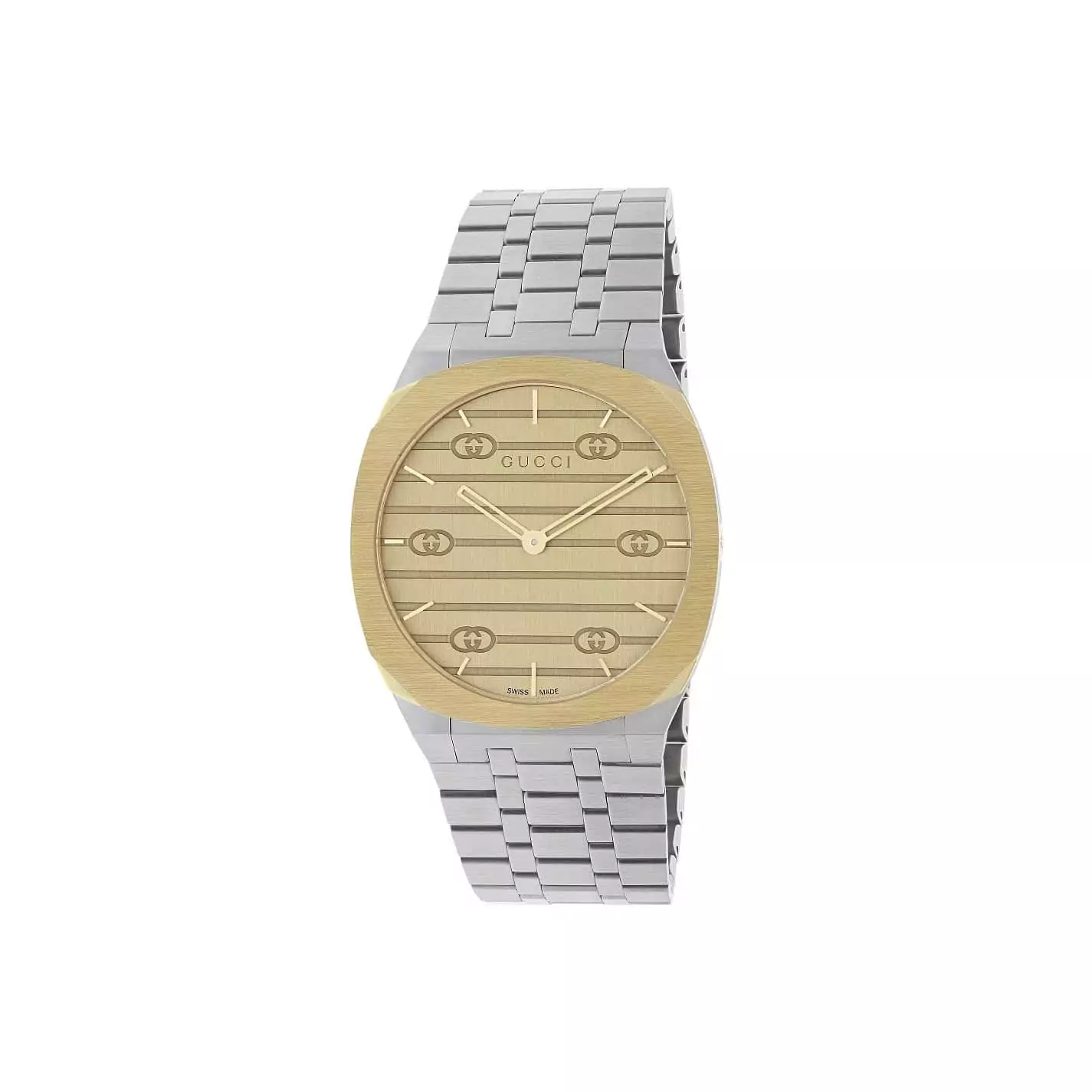 Gucci 25H Uhr mit Gehäuse und Band aus Edelstahl und vergoldetem Edelstahl mit goldenem Messing -Zifferblatt