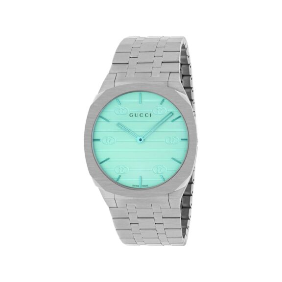 Gucci 25H Uhr mit Gehäuse und Band aus Edelstahl mit türkisem Zifferblatt