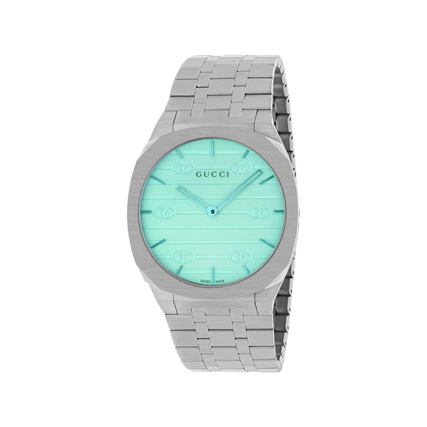 Gucci 25H Uhr mit Gehäuse und Band aus Edelstahl mit türkisem Zifferblatt