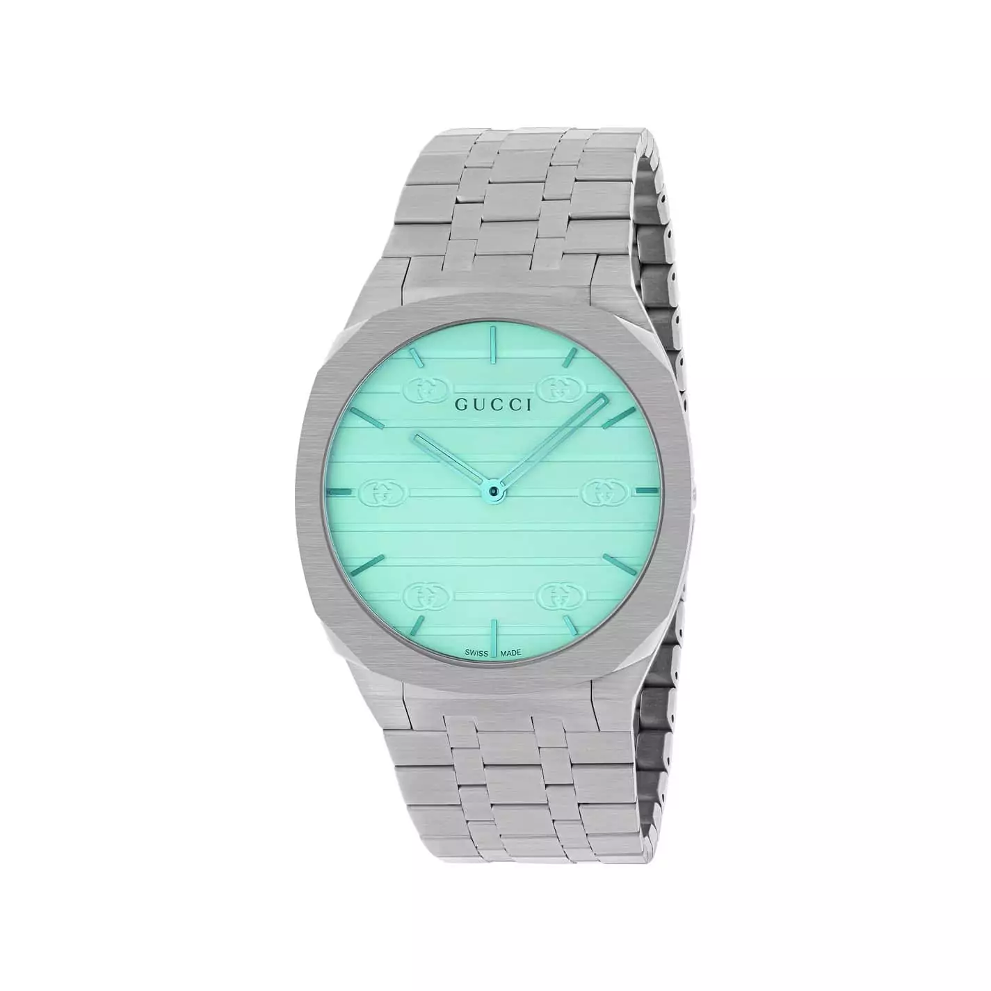 Gucci 25H Uhr mit Gehäuse und Band aus Edelstahl mit türkisem Zifferblatt
