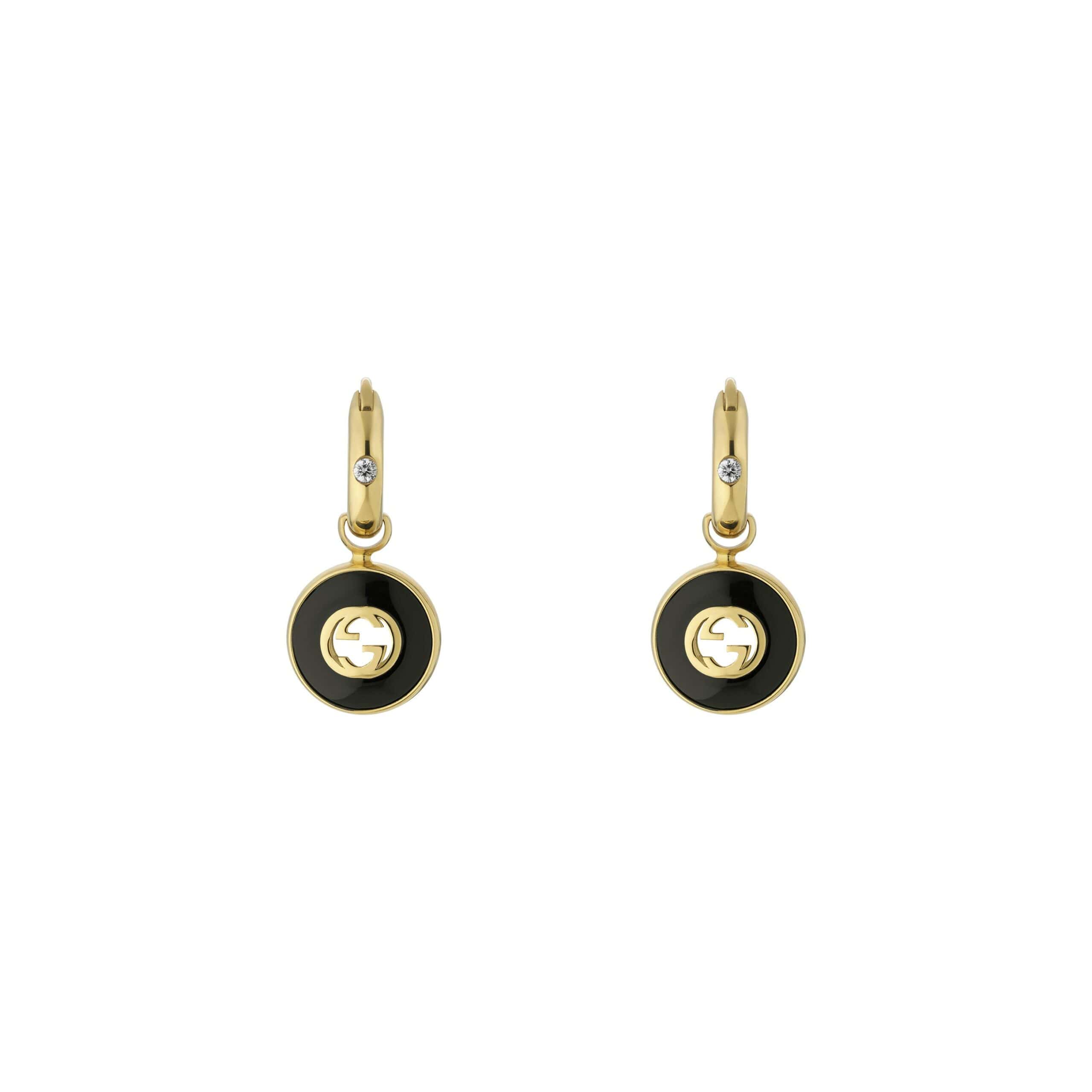Interlocking Ohrschmuck von Gucci aus 18 Karat Gelbgold mit Onyx und Diamanten