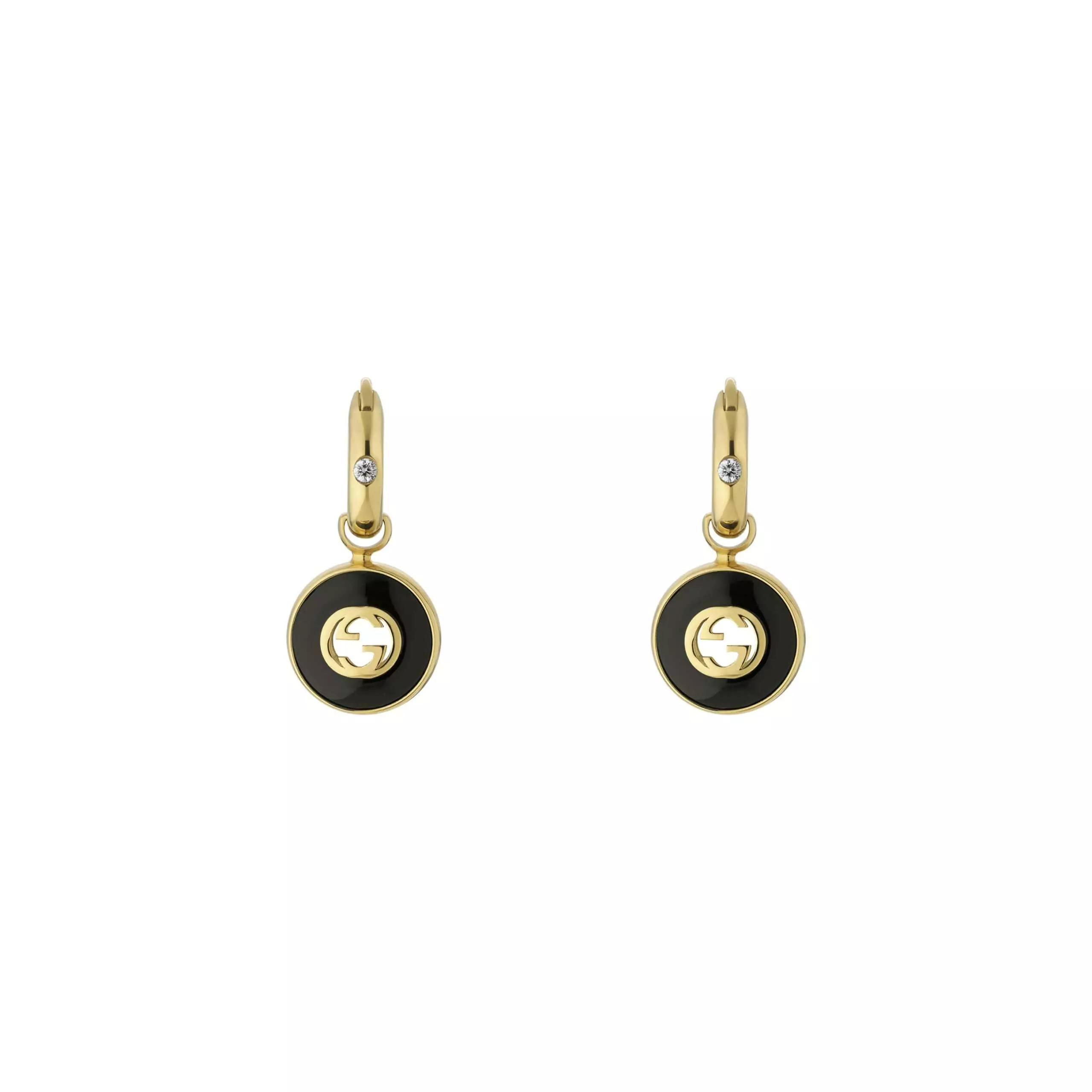 Interlocking Ohrschmuck von Gucci aus 18 Karat Gelbgold mit Onyx und Diamanten