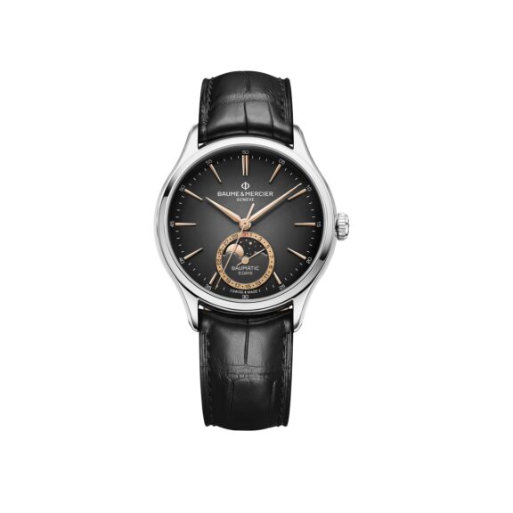 Baume et Mercier Clifton mit Gehäuse aus Edelstahl, Lederband und schwarzem Zifferblatt