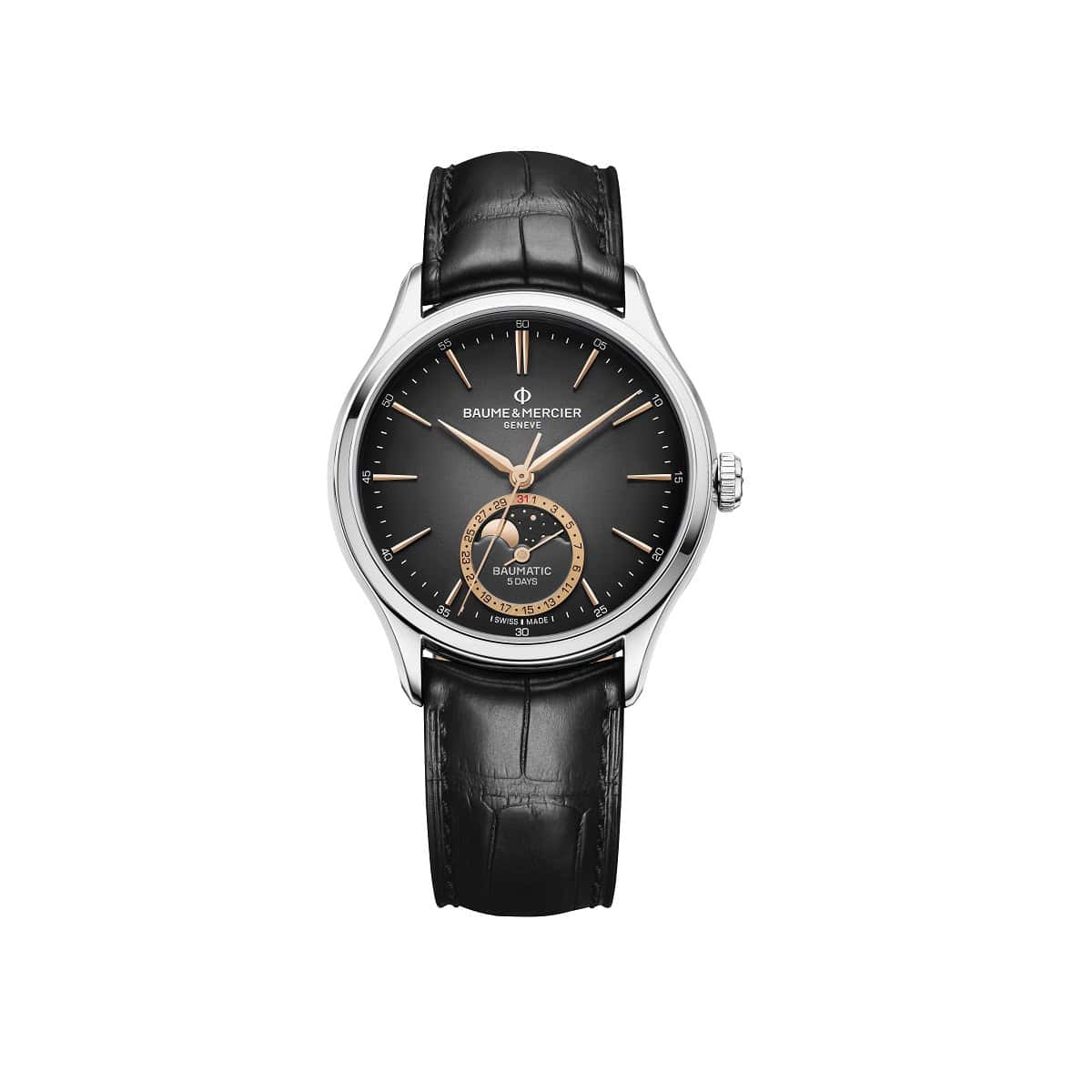 Baume et Mercier Clifton mit Gehäuse aus Edelstahl, Lederband und schwarzem Zifferblatt