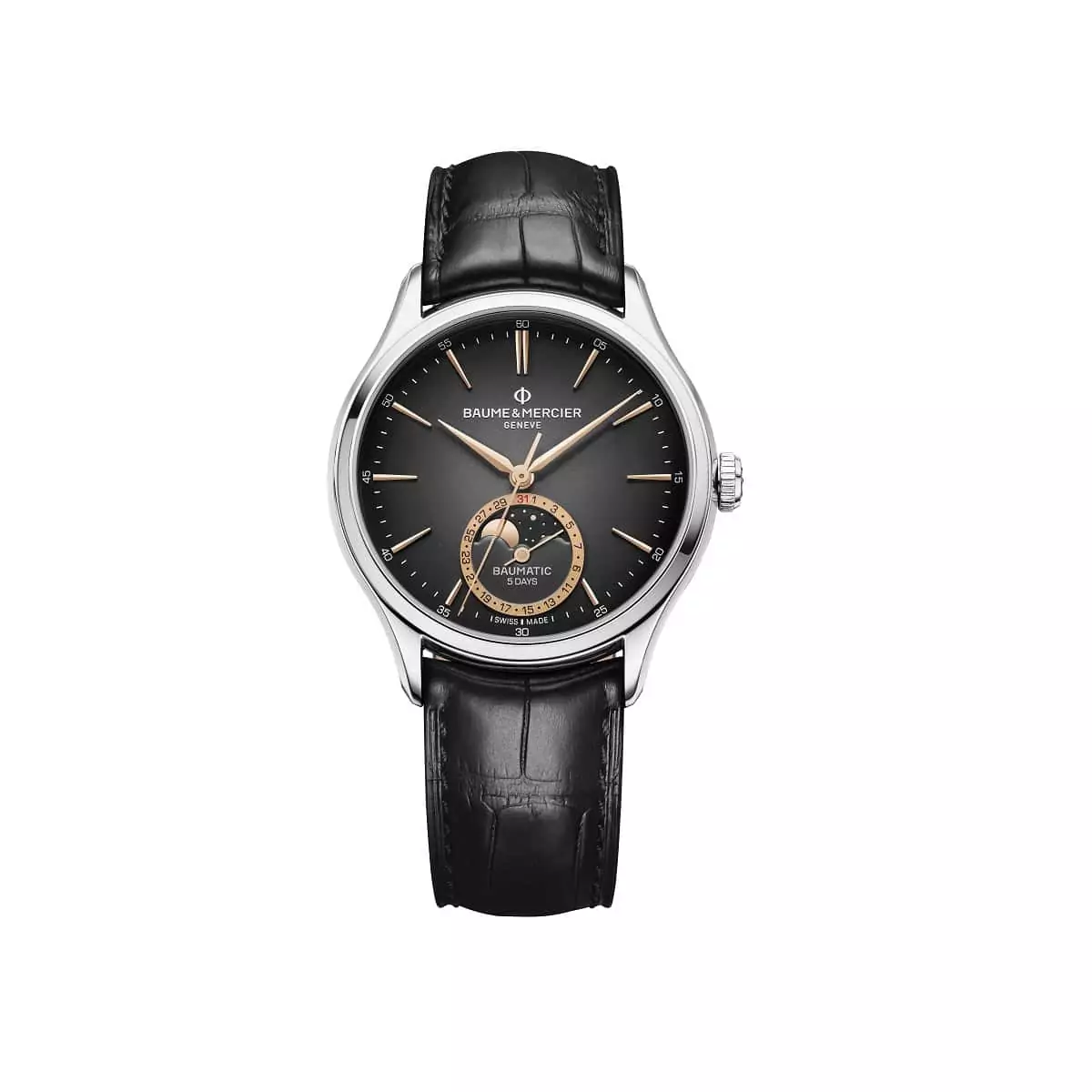 Baume et Mercier Clifton mit Gehäuse aus Edelstahl, Lederband und schwarzem Zifferblatt