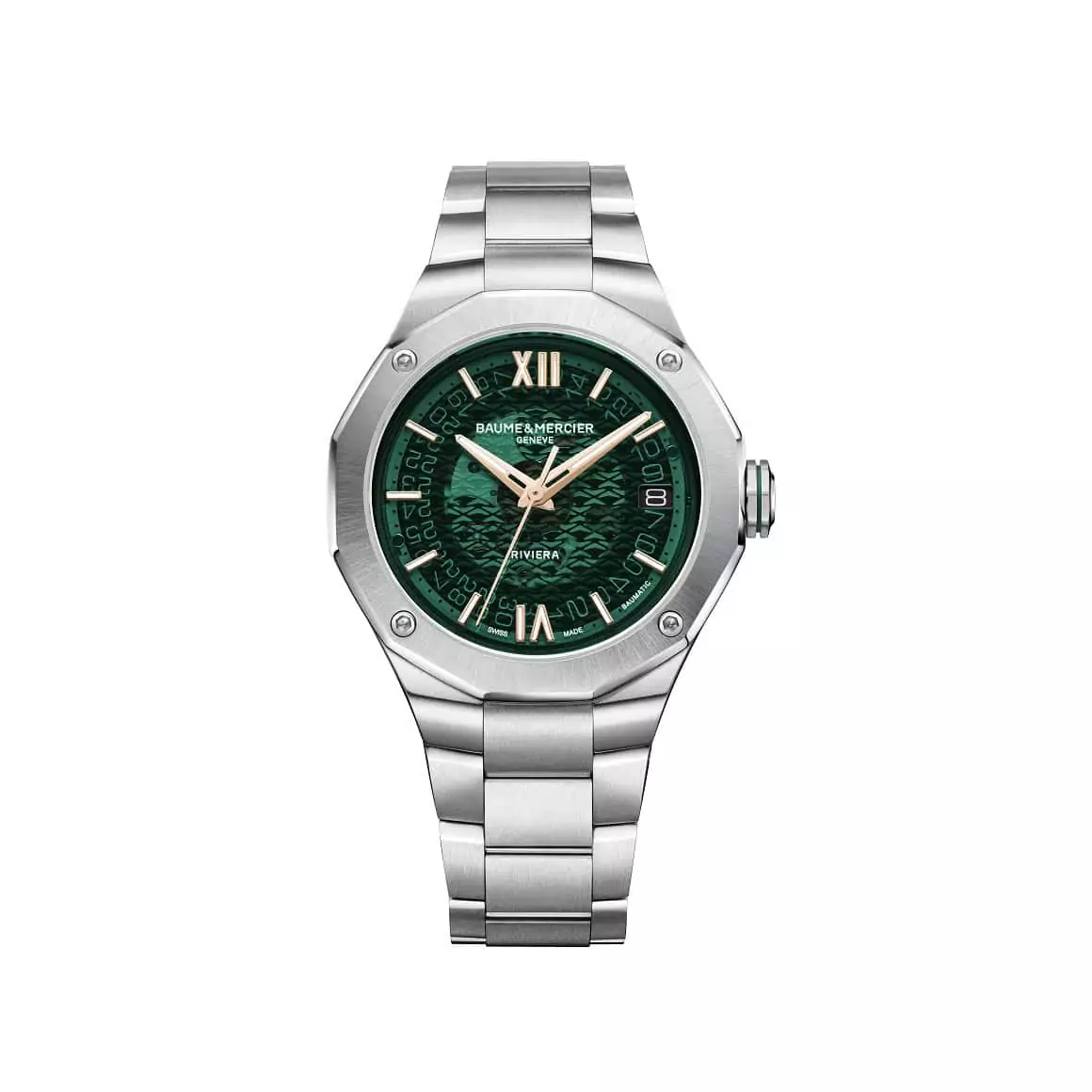 Baume et Mercier Riviera mit Gehäuse und Band aus Edelstahl und grünem Zifferblatt