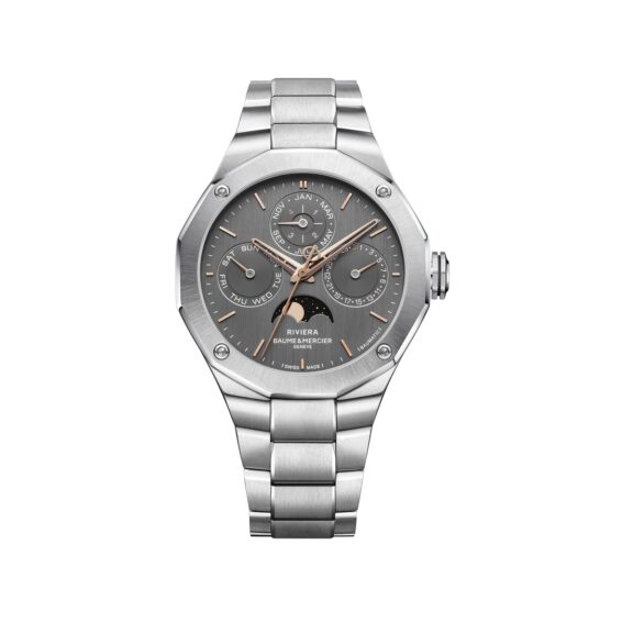Baume et Mercier Riviera mit Gehäuse und Band aus Edelstahl und grauem Zifferblatt