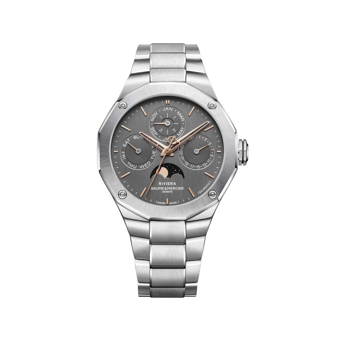 Baume et Mercier Riviera mit Gehäuse und Band aus Edelstahl und grauem Zifferblatt