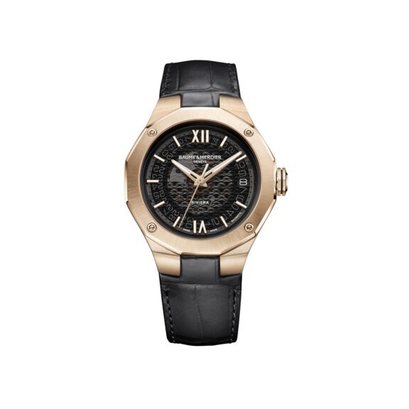 Baume et Mercier Riviera Gehäuse aus 18 Karat Gold, Lederband und schwarzem Zifferblatt