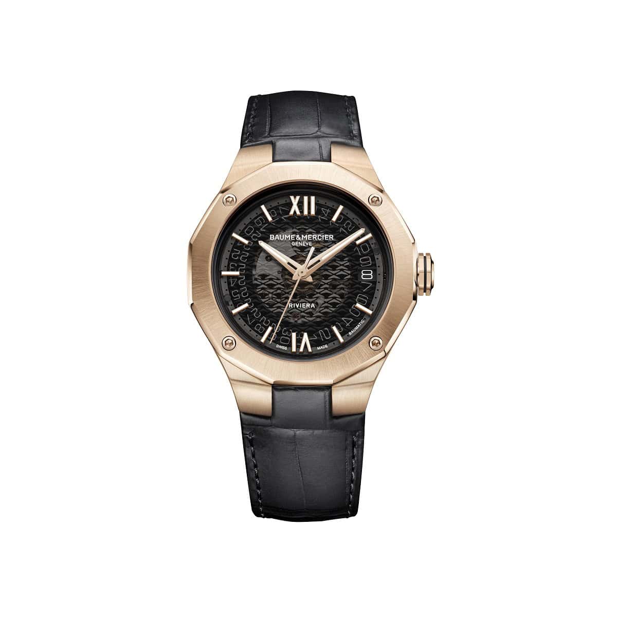 Baume et Mercier Riviera Gehäuse aus 18 Karat Gold, Lederband und schwarzem Zifferblatt